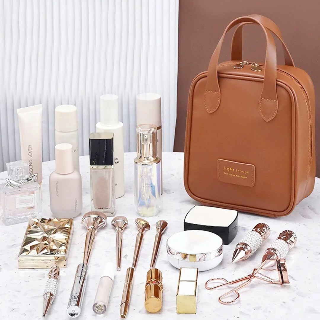 Travel Makeup Bag, Makeup Organizer Cosmetic Bag, Large Capacity Cosmetic Bags for Women, Waterproof Toiletry Bag Makeup Organizer with Divider and Handle (Brown)