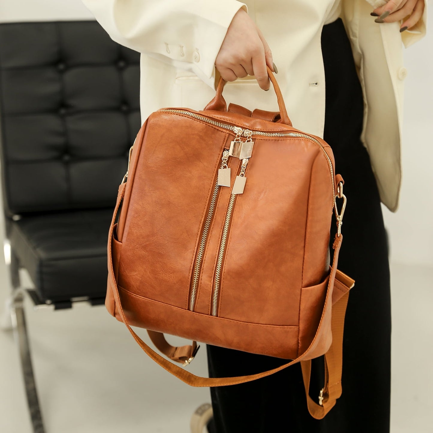 2PCS Backpack Purse for Women,Pu Leather Travel Backpack Handbag,Ladies Fashion Shoulder for Daily-Brown