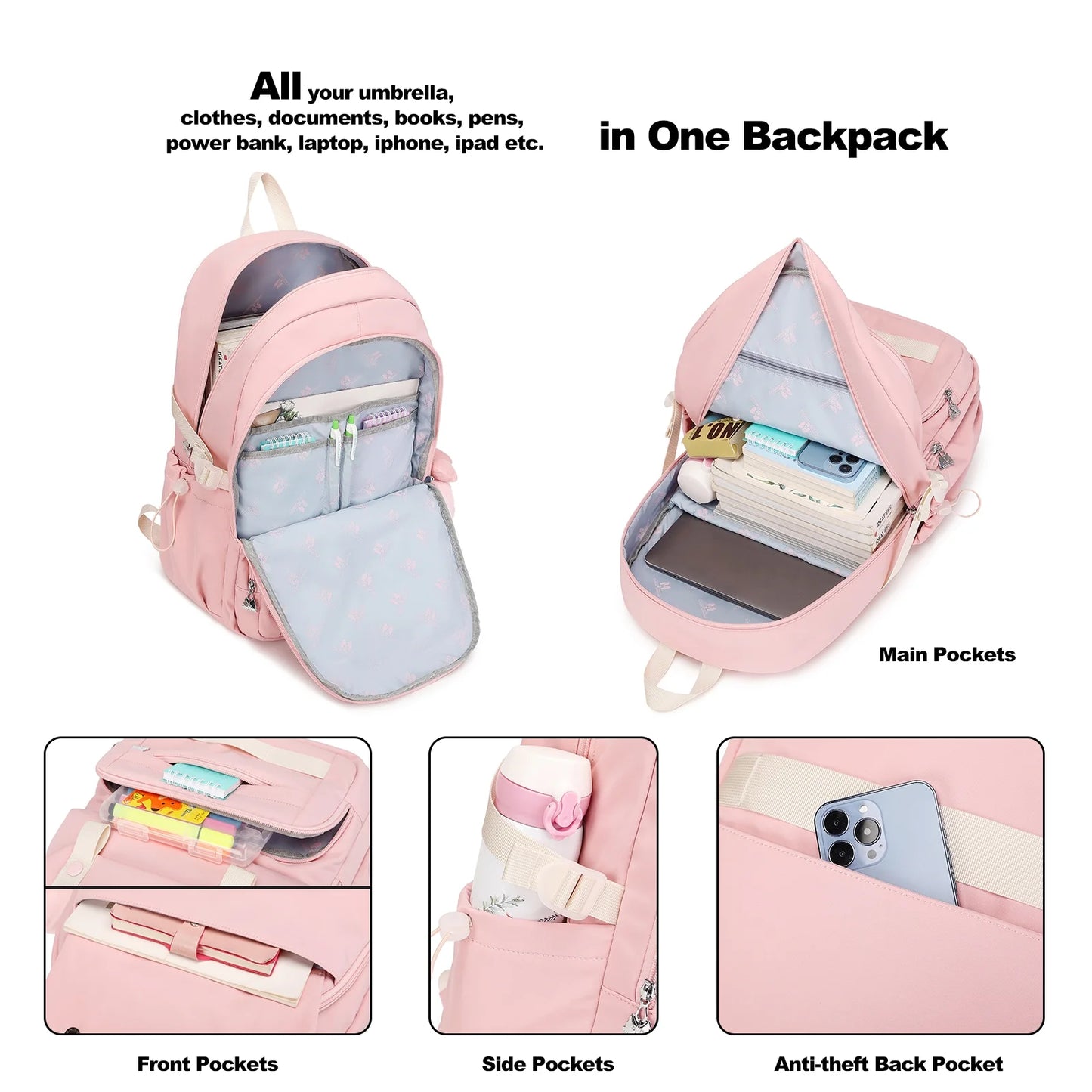 17" Travel Backpack Carry on Laptop Backpack Overnight Bag Weekender Bag Casual Daypack for Women Men College - Pink