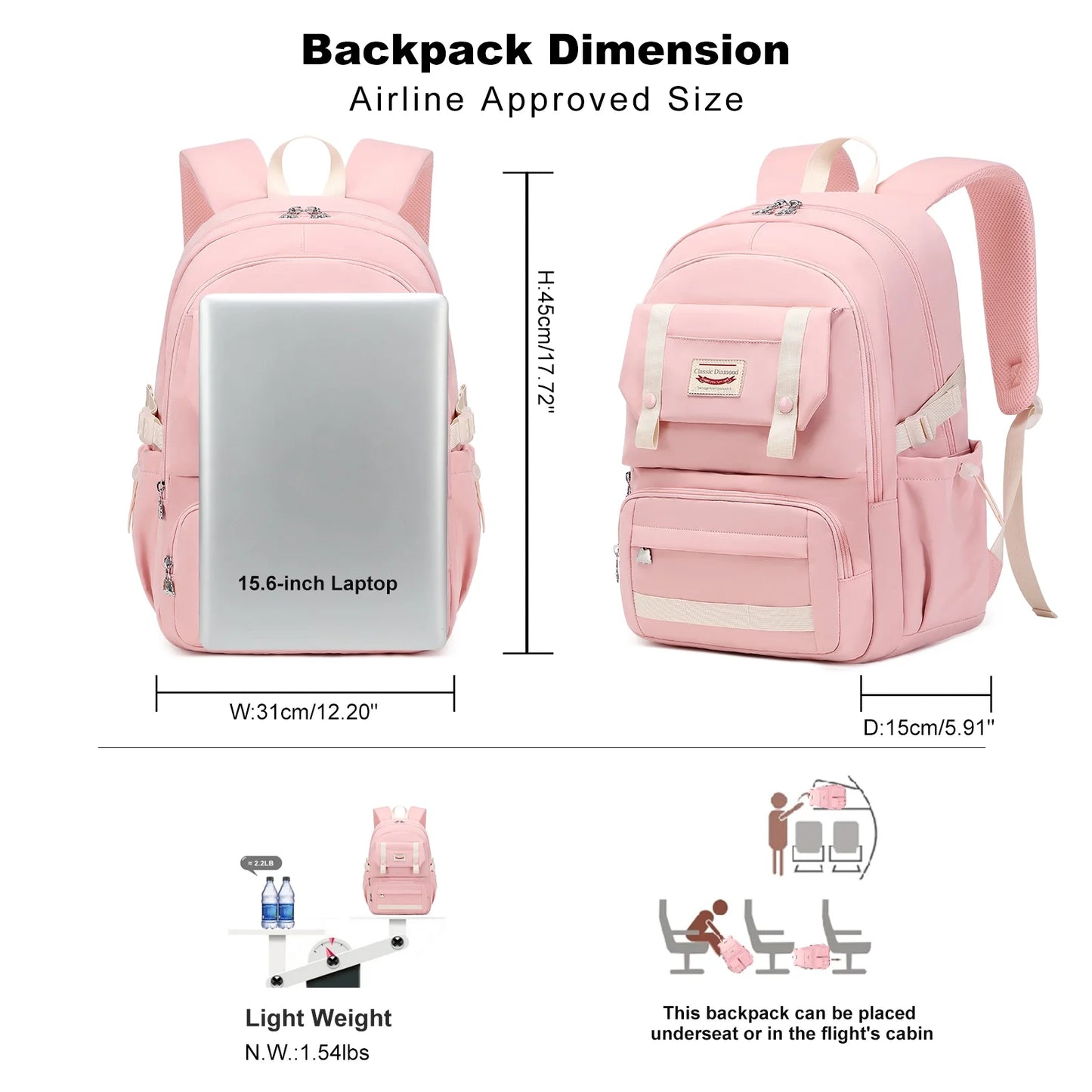 17" Travel Backpack Carry on Laptop Backpack Overnight Bag Weekender Bag Casual Daypack for Women Men College - Pink